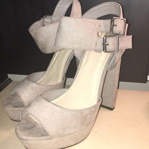 Grey suede ankle strap pumps